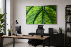 Akustikbild, das mit grünen Blatt bedruckt ist, hinter einem Schreibtisch