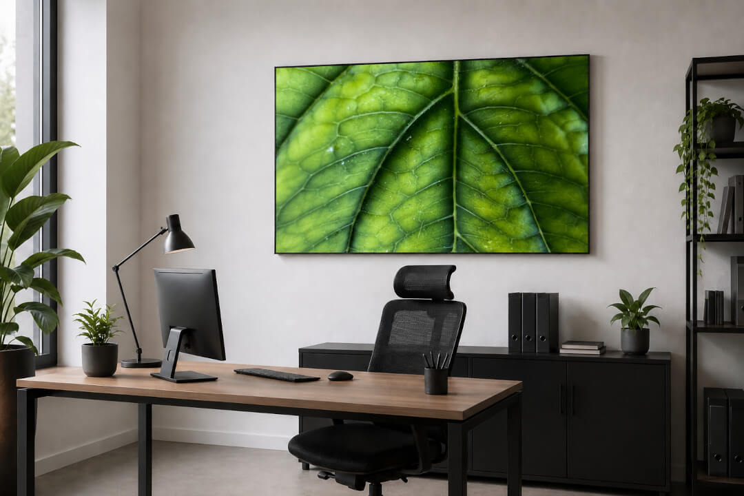 Akustikbild, das mit grünen Blatt bedruckt ist, hinter einem Schreibtisch