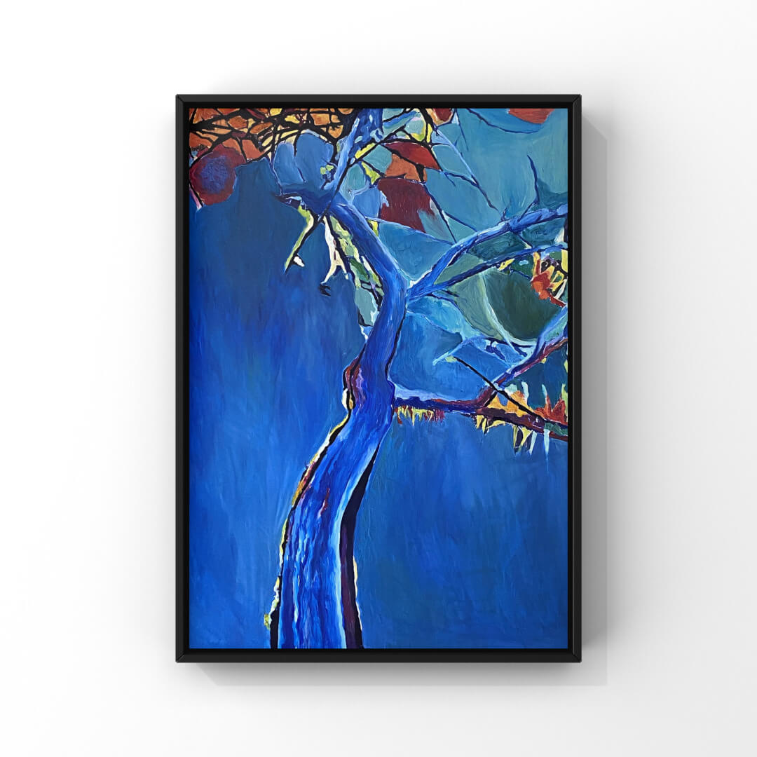 Mixed-Media-Bild eines blauen Baumes