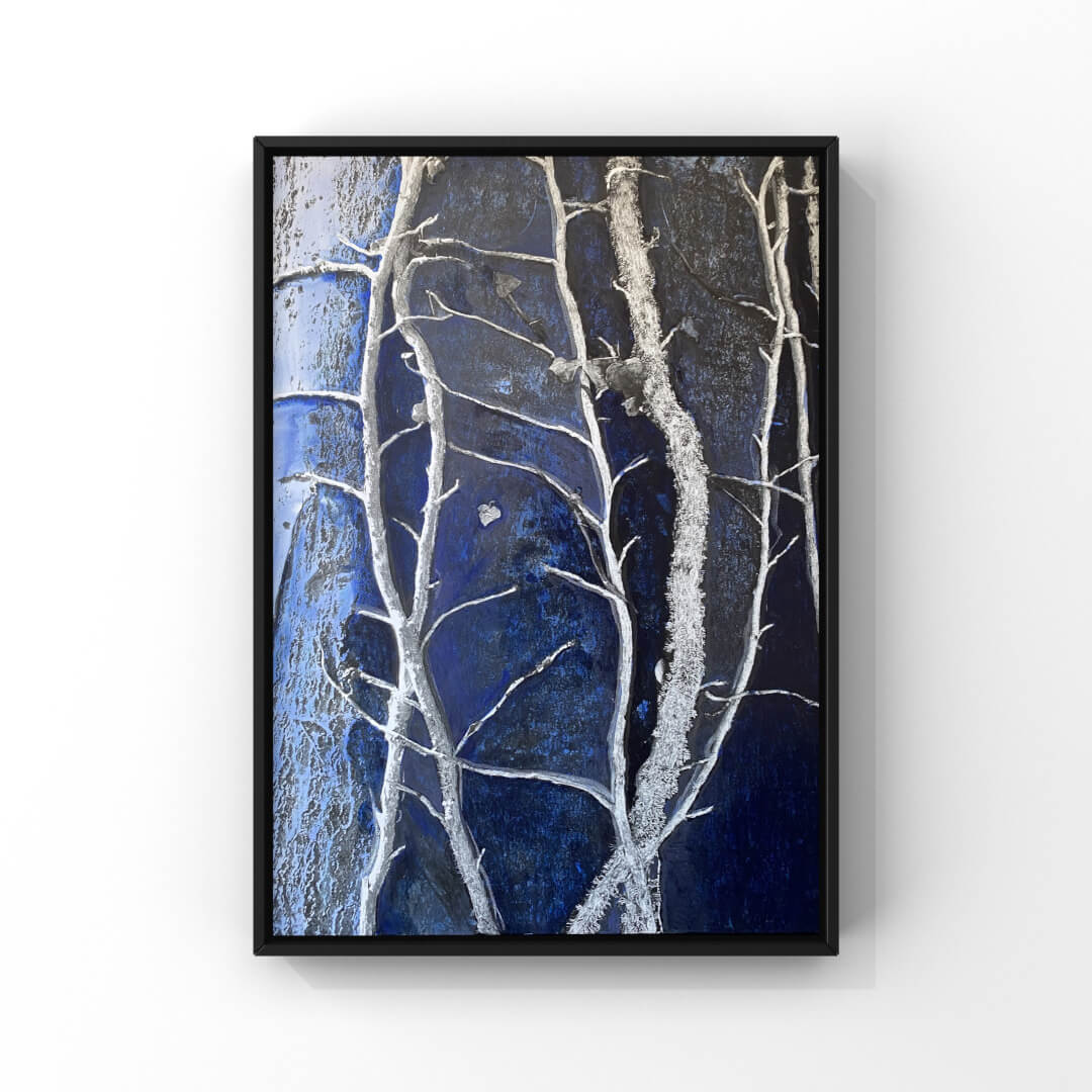 Mixed-Media-Bild eines blauen Baumes mit Ranken