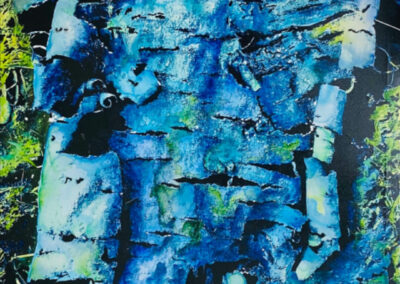 Mixed-Media-Bild von blau-grüner Birkenrinde auf Leinwand