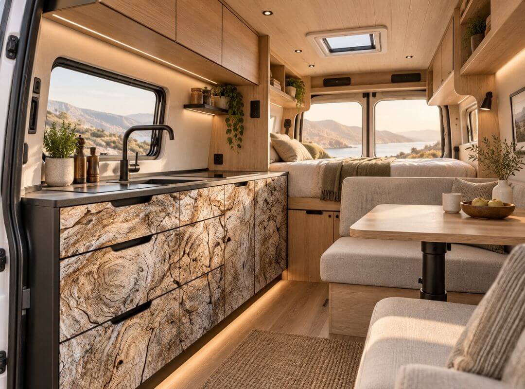 Visualisierung einer Holzstruktur auf der Küchenfront im Campervan