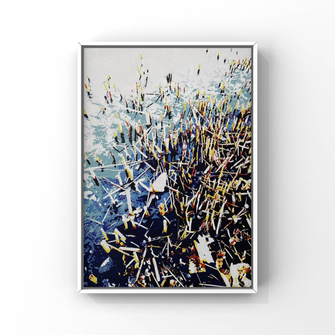 Mixed-Media-Bild und Ausschnitt eines zugefrorenen Sees in schwarz-blau-weißen Farbtönen