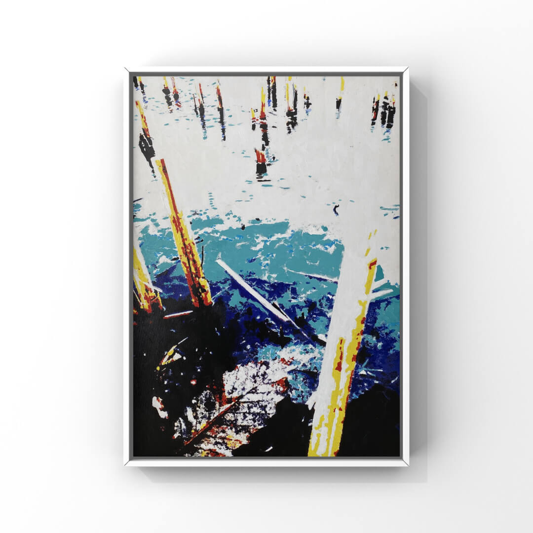 Mixed-Media-Bild und Ausschnitt eines zugefrorenen Sees in schwarz-blau-weißen und gelben Farbtönen