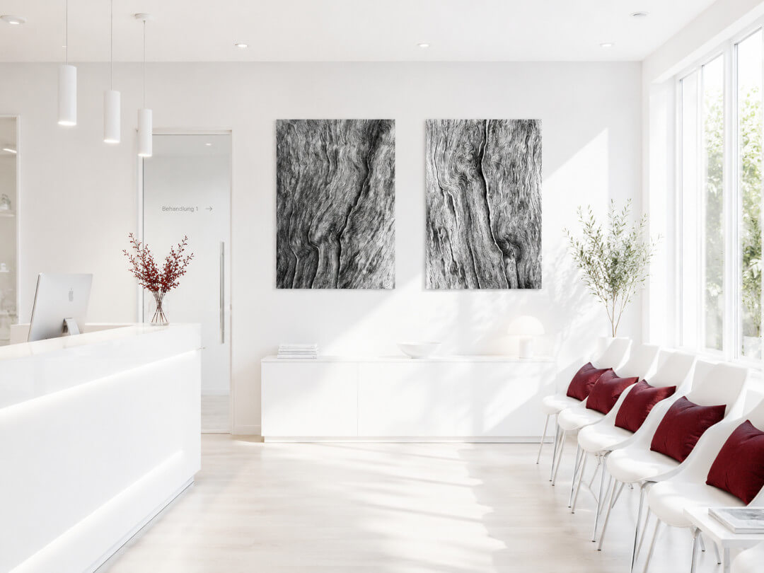 Kunst für Warteraum Bild 1 Detailfotografien von Treibholz im Warteraum einer Arztpraxis
