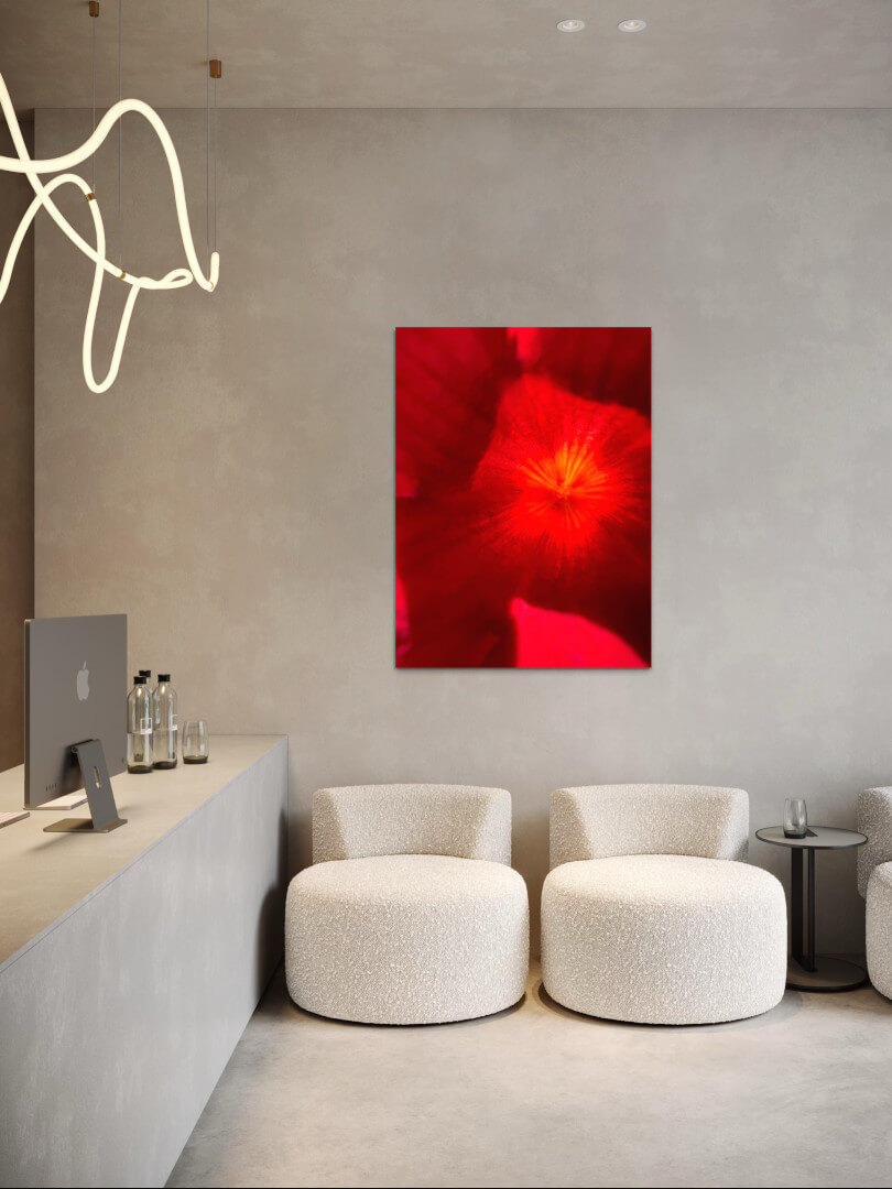 Kunst in der Lobby Bild 1 großformatige Detailfotografie einer roten Blüte in der Lobby eines Hotels