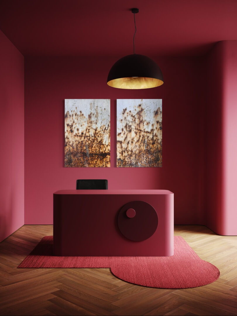 Kunst in der Lobby Bild 2 Zwei Detailfotografien von cognacfarbenem Rost in einer Lobby