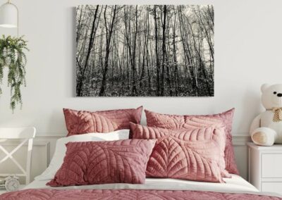 Schwarz-weiß Fotografie eines Waldes über einem Doppelbett mit altrosé farbenen Kissen
