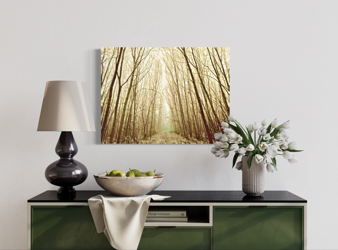 Fotografie eines Waldwegs in gelb-braunen Farbtönen über einem grünen Sideboard